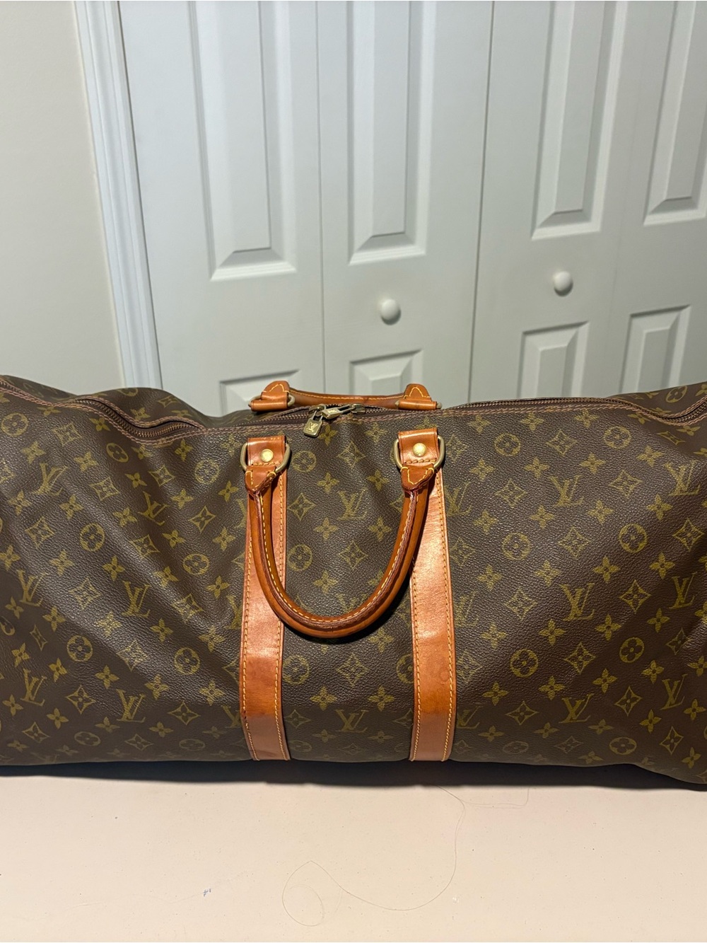 Louis Vuitton Monogram Canvas Brown Duffel 60 with Natural Leather Trim